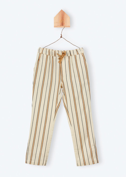 Beige Striped Cotton Trousers